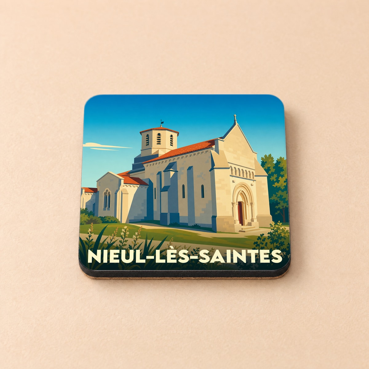 Dessous de verre souvenir de Nieul-lès-Saintes avec une illustration stylisée de son église romane.
