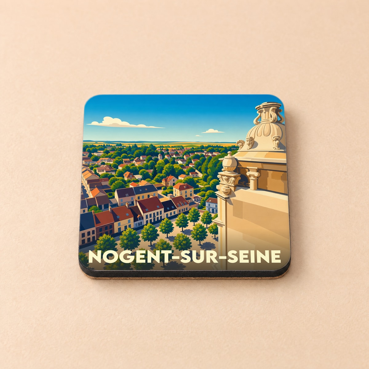 Dessous de verre souvenir de la ville de Nogent-sur-Seine avec une illustration stylisée.