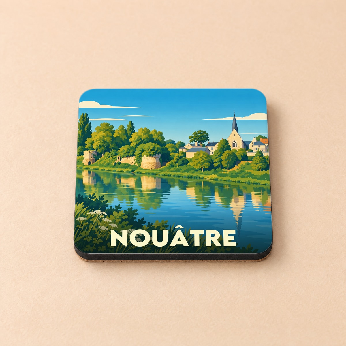 Dessous de verre souvenir de la ville de Nouâtre illustré d'un paysage de bord de rivière stylisé.