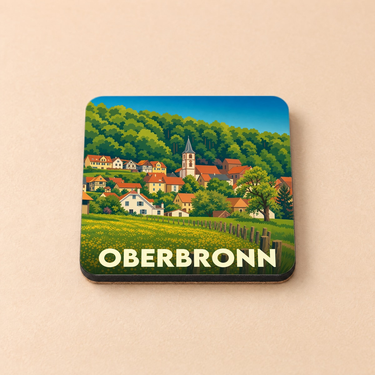 Dessous de verre souvenir de la ville de Oberbronn avec une illustration stylisée.