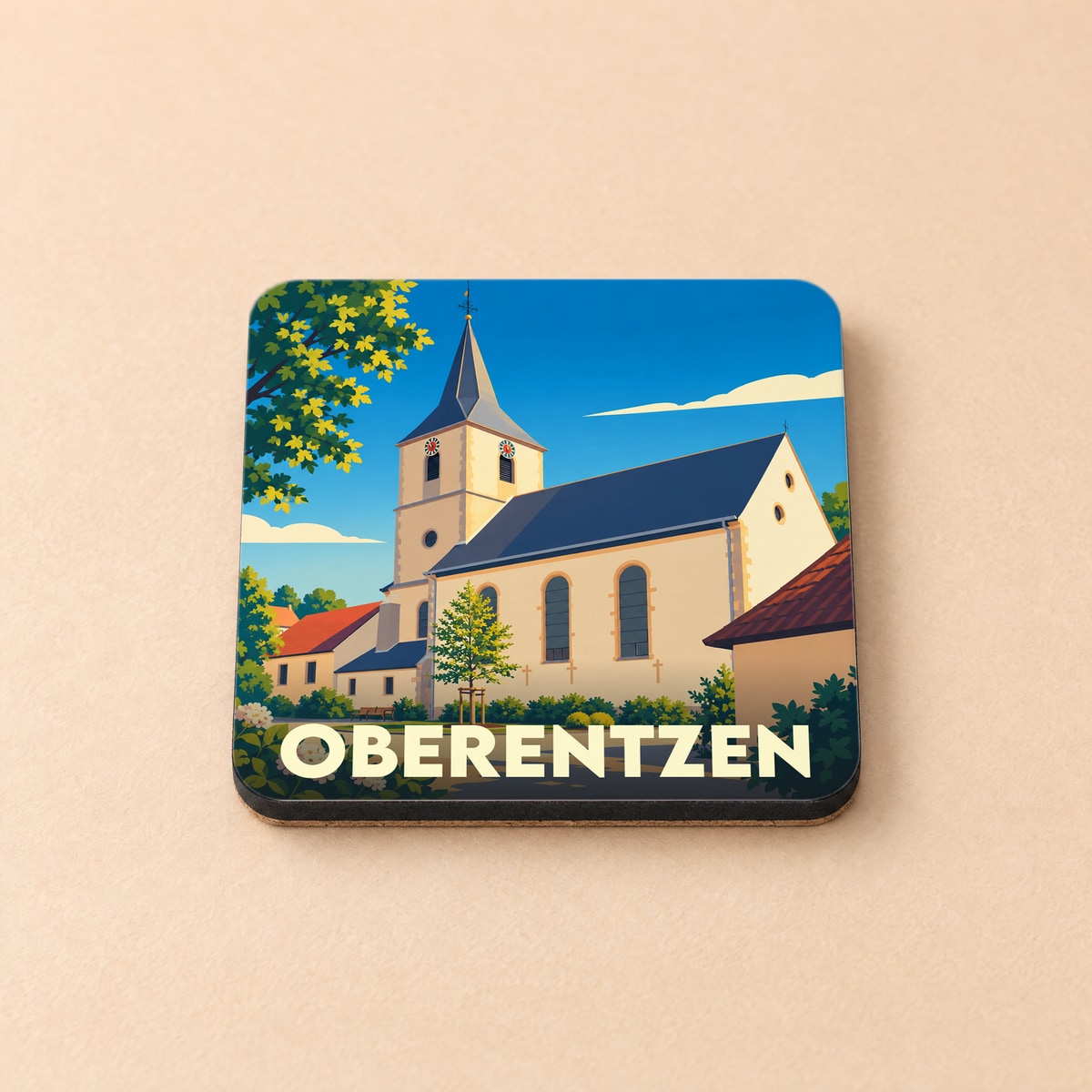Dessous de verre souvenir de la ville d'Oberentzen avec une illustration stylisée de son église.