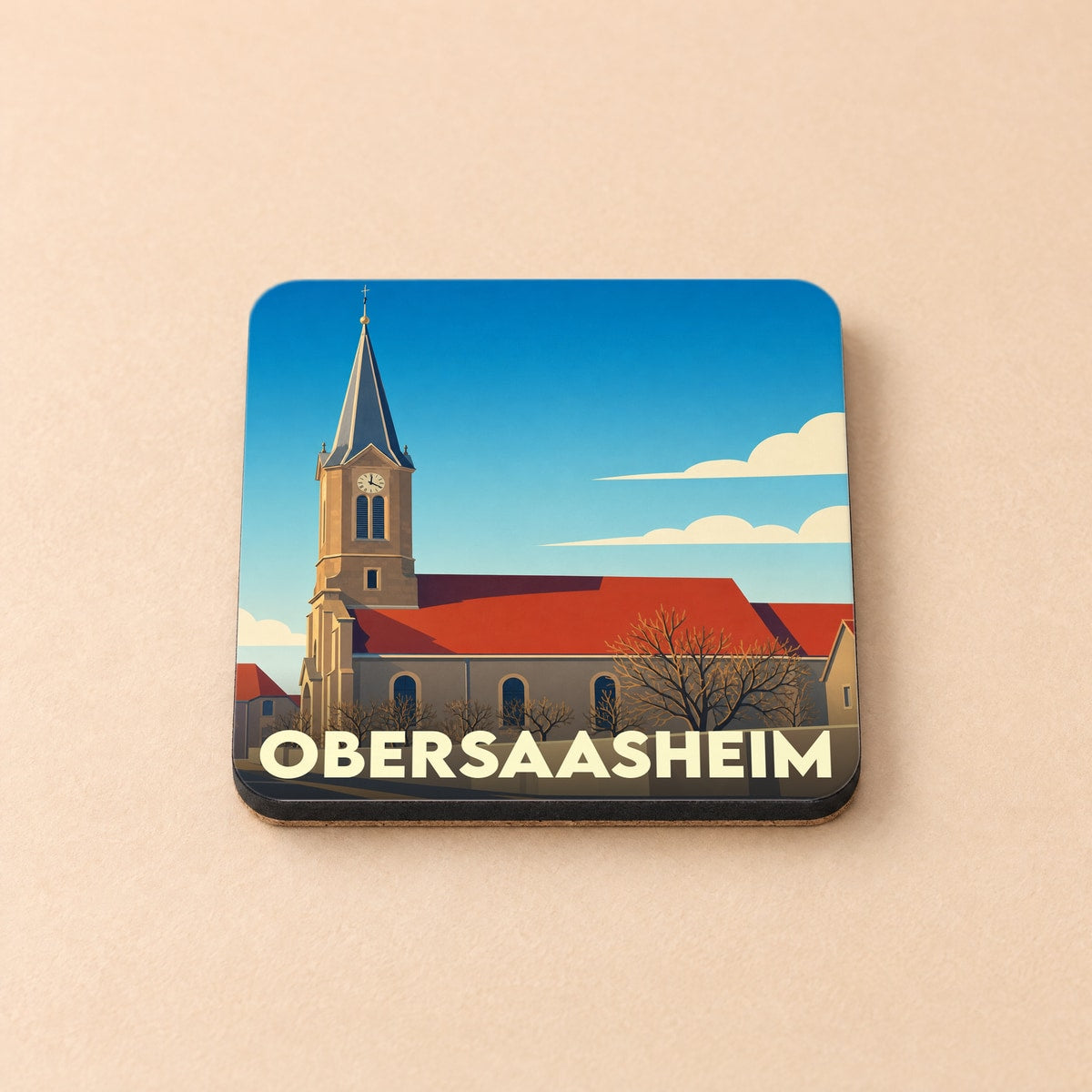 Dessous de verre souvenir de la ville de Obersaasheim avec une illustration stylisée de son église.