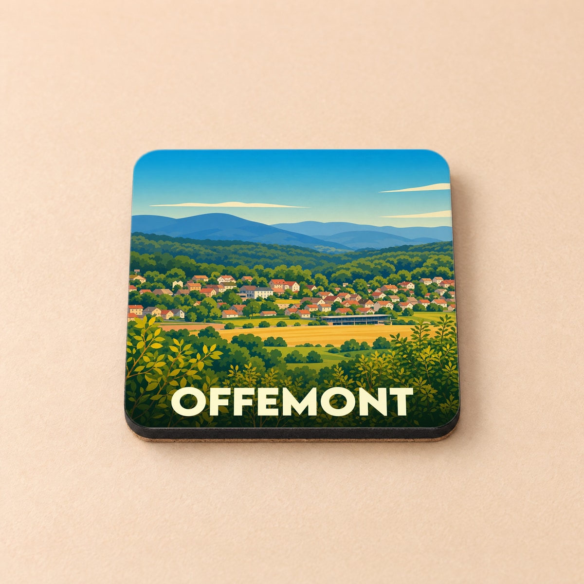 Dessous de verre souvenir de la ville d'Offemont avec une illustration stylisée d'un paysage vallonné.