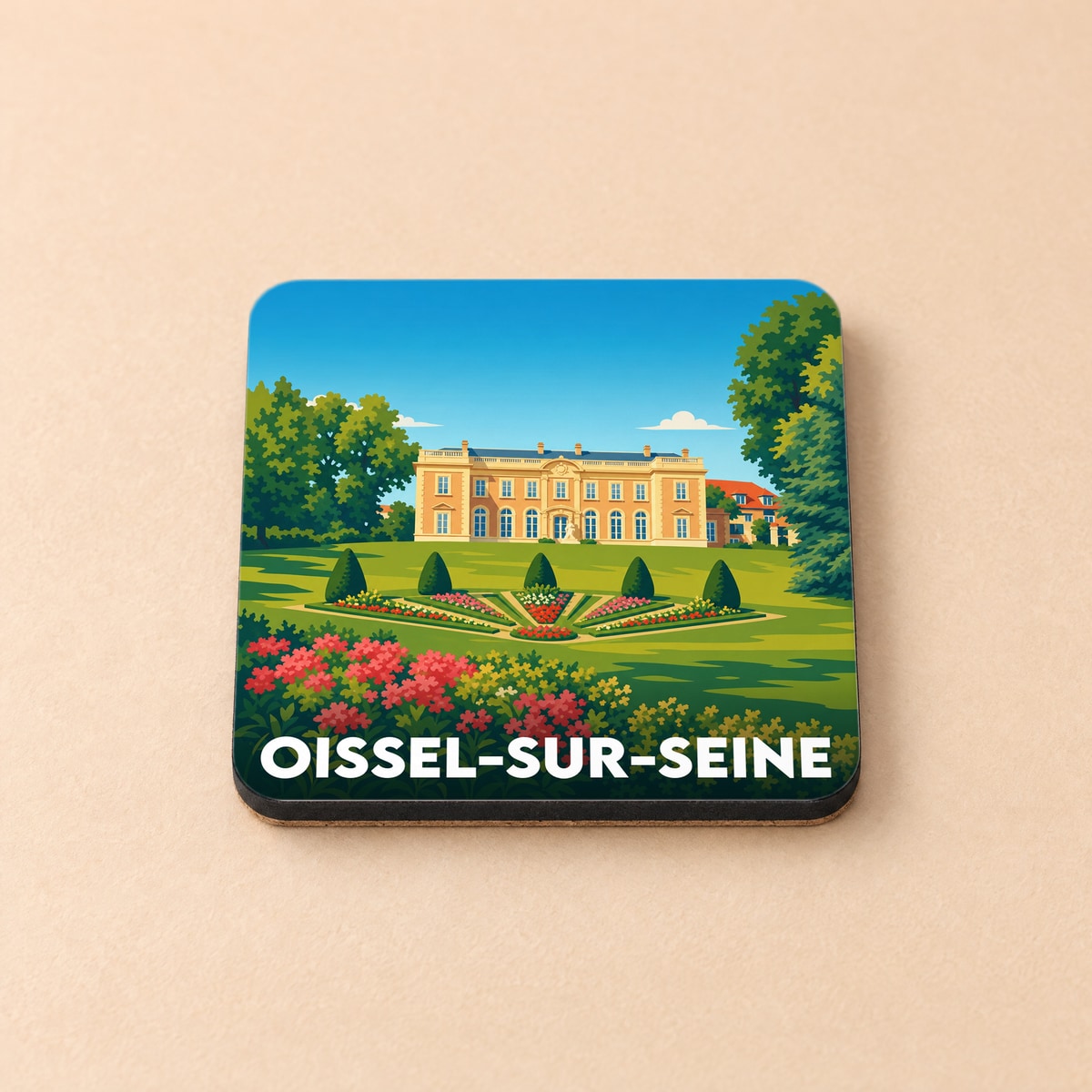 Dessous de verre souvenir de la ville de Oissel-sur-Seine avec une illustration stylisée de son château et de ses jardins.