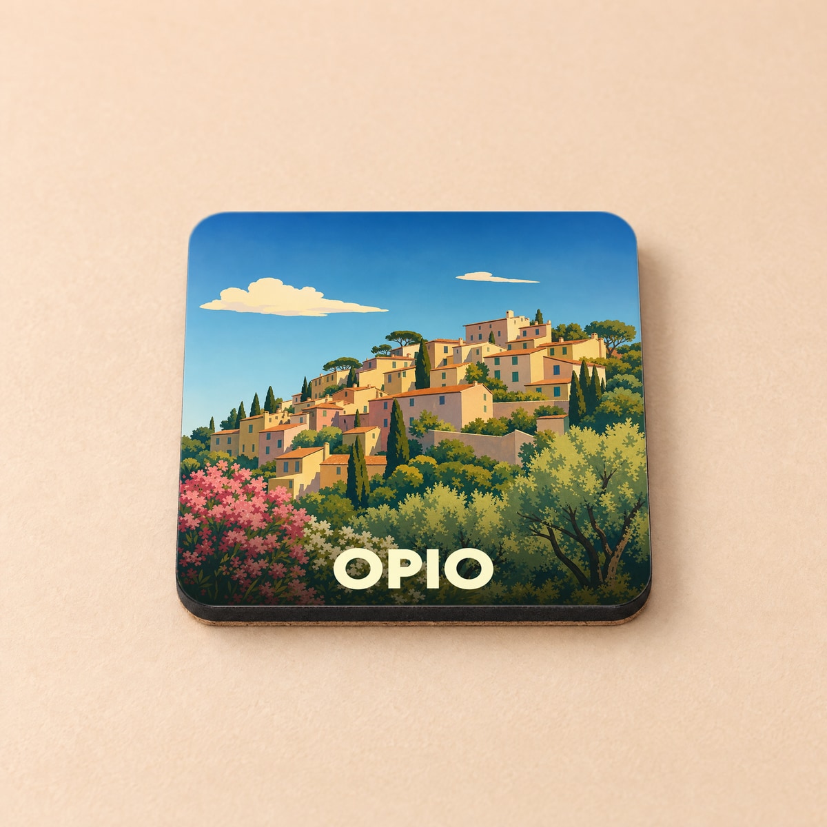 Dessous de verre souvenir de la ville d'Opio avec une illustration stylisée d'un village perché provençal.