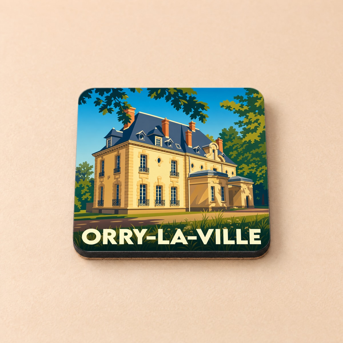 Dessous de verre souvenir de la ville de Orry-la-Ville avec une illustration stylisée d'un manoir.