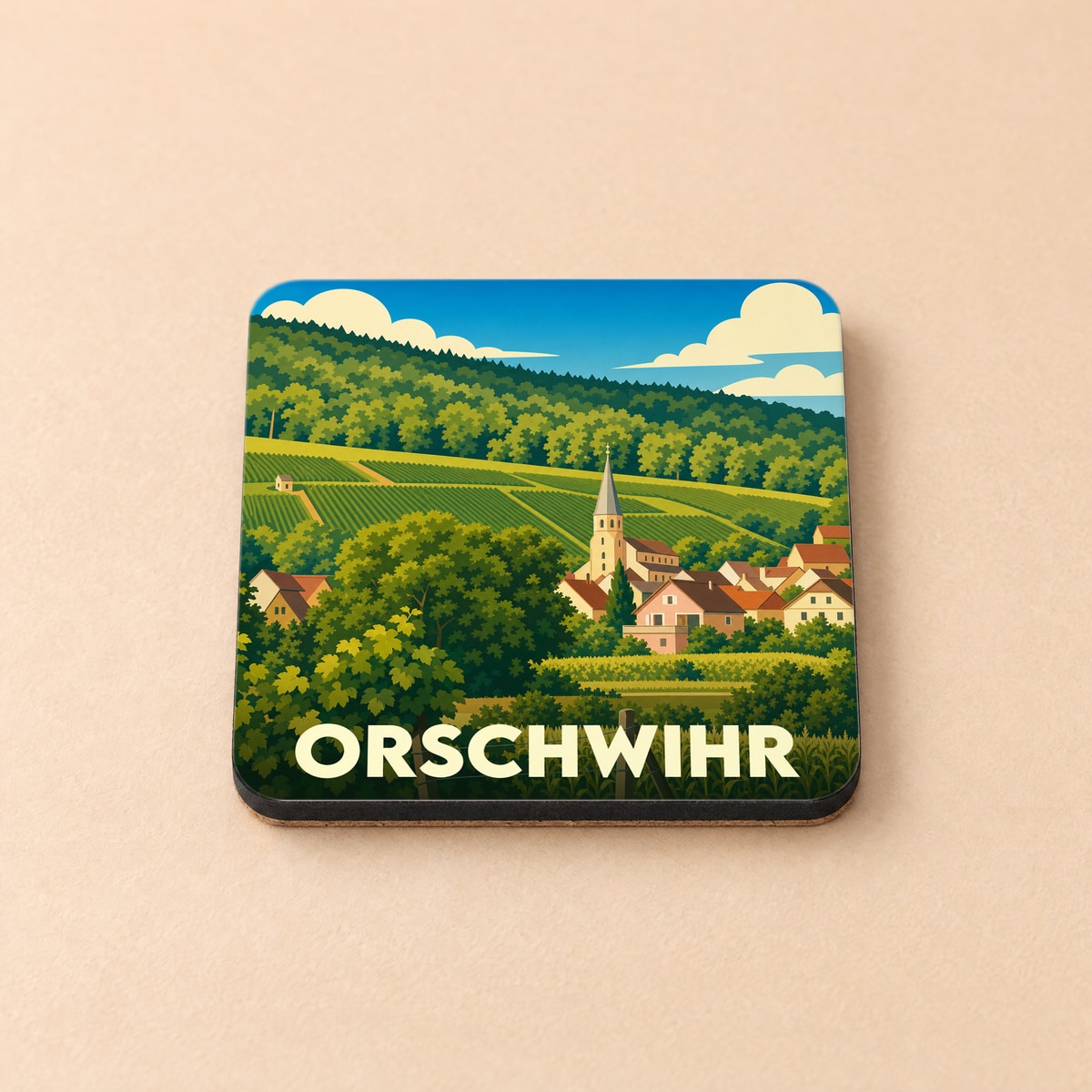Dessous de verre souvenir de la ville d'Orschwihr avec une illustration stylisée d'un village alsacien entouré de vignes.
