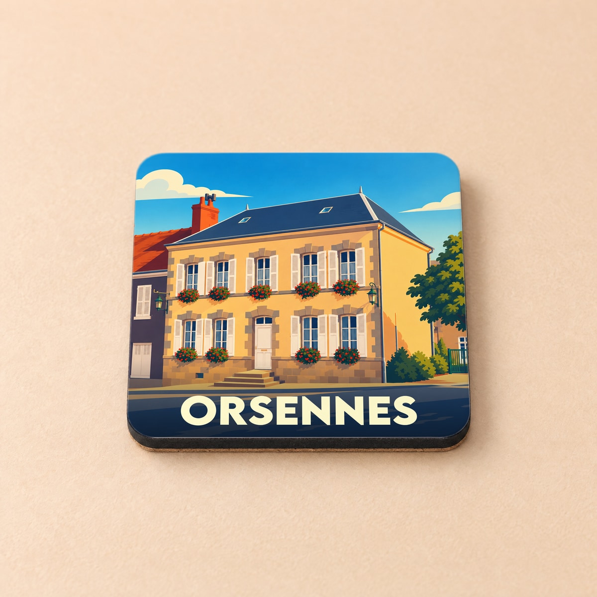 Dessous de verre souvenir de la ville d'Orsennes avec une illustration stylisée d'une maison fleurie.