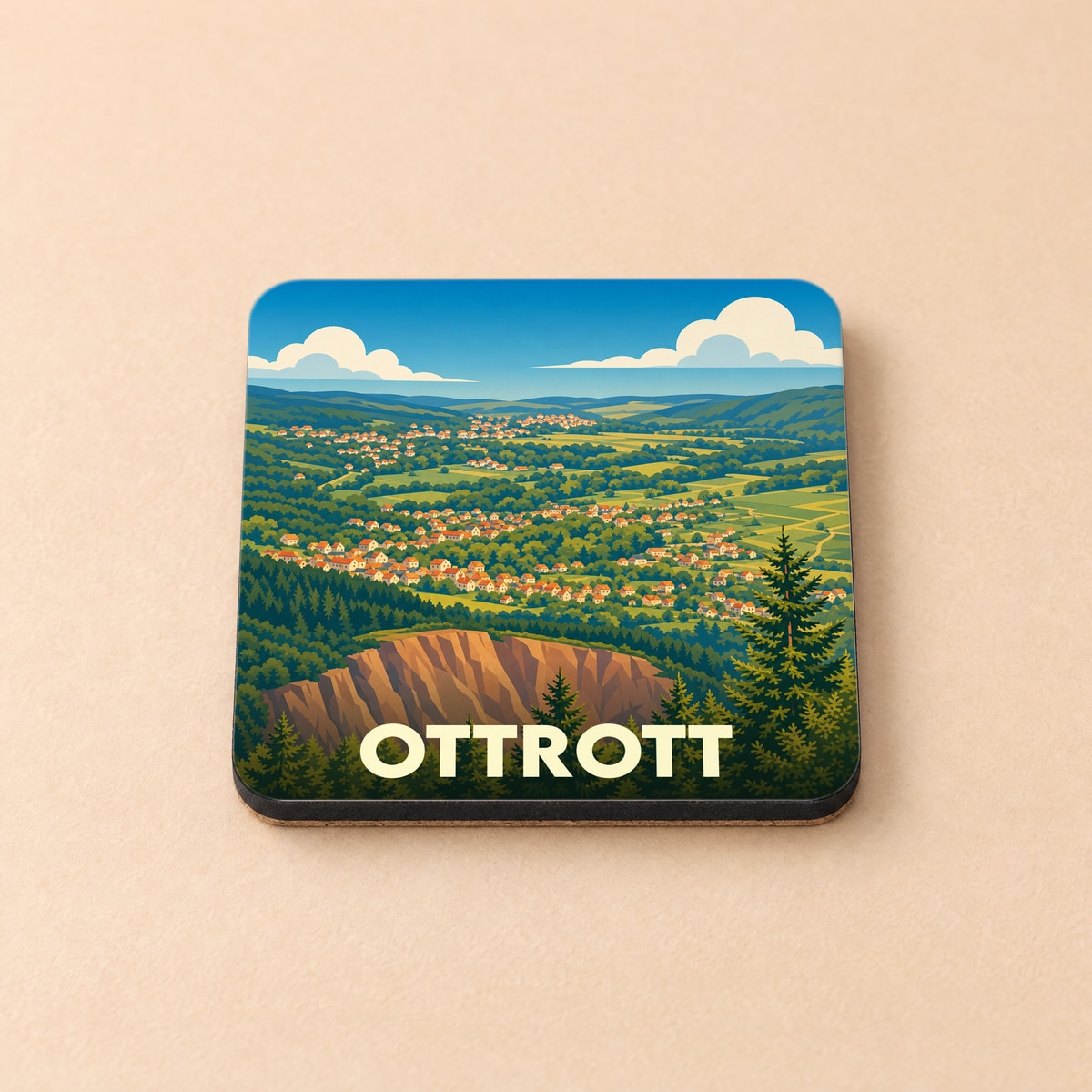 Dessous de verre souvenir de la ville d'Ottrott avec une illustration stylisée d'un paysage de montagne.