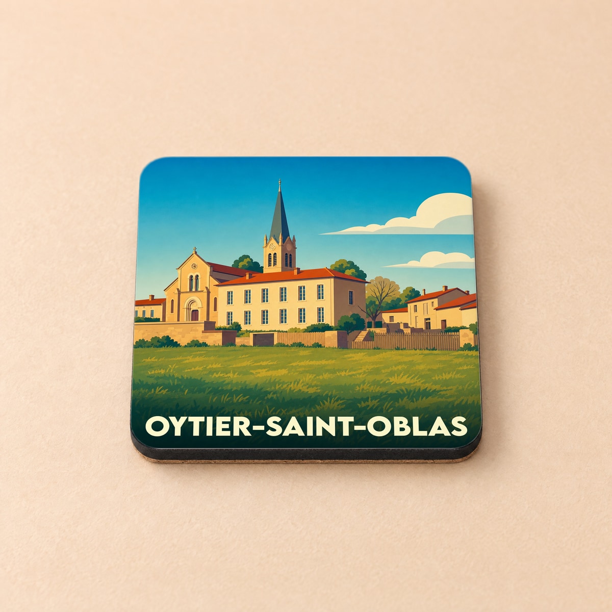Dessous de verre souvenir de la ville de Oytier-Saint-Oblas avec une illustration stylisée de son église et de ses paysages.