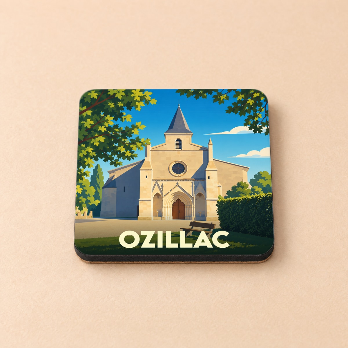 Dessous de verre souvenir de la ville d'Ozillac avec une illustration stylisée de son église.