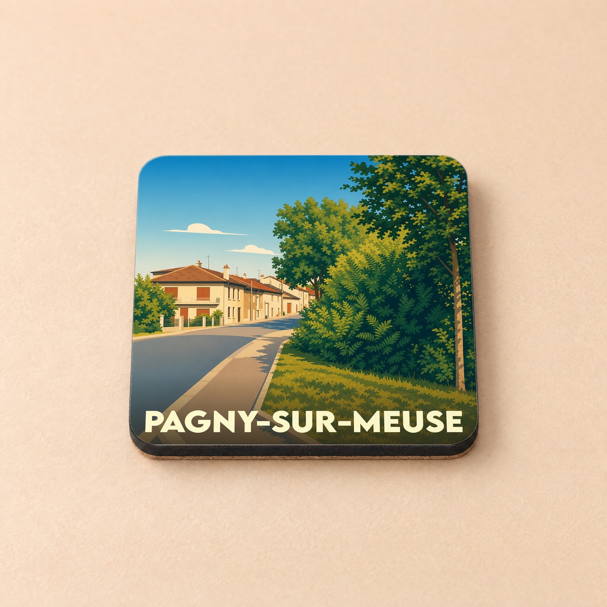 Dessous de verre souvenir de la ville de Pagny-sur-Meuse avec une illustration stylisée.