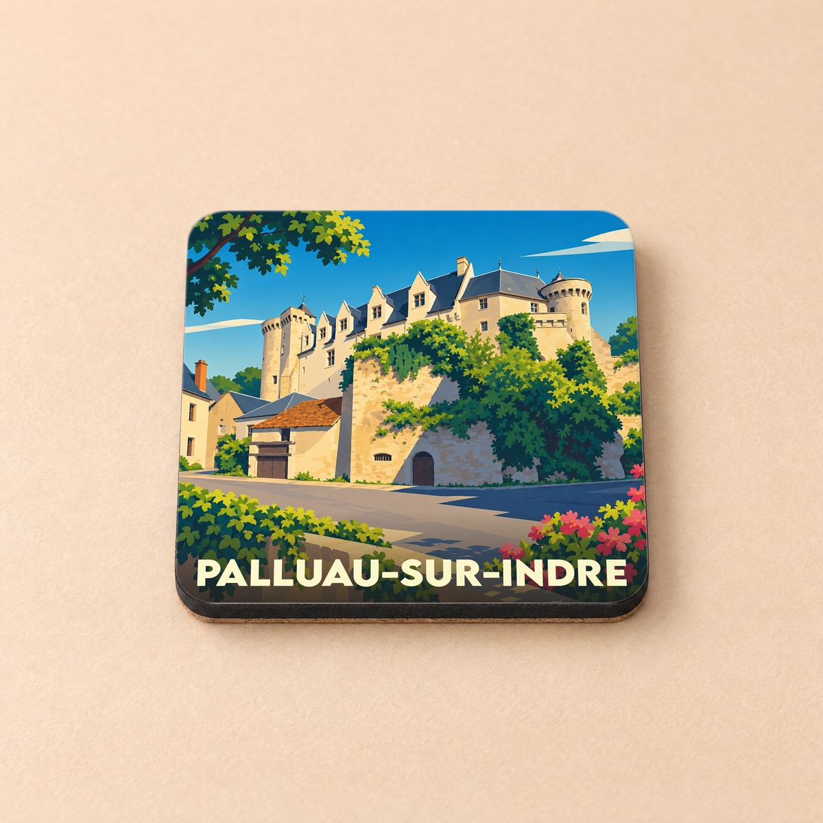 Dessous de verre souvenir de la ville de Palluau-sur-Indre avec une illustration stylisée de son château.