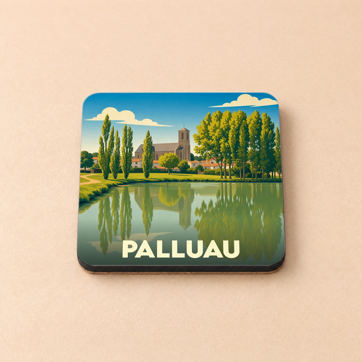 Dessous de verre souvenir de la ville de Palluau avec une illustration stylisée de son église se reflétant dans l'eau.