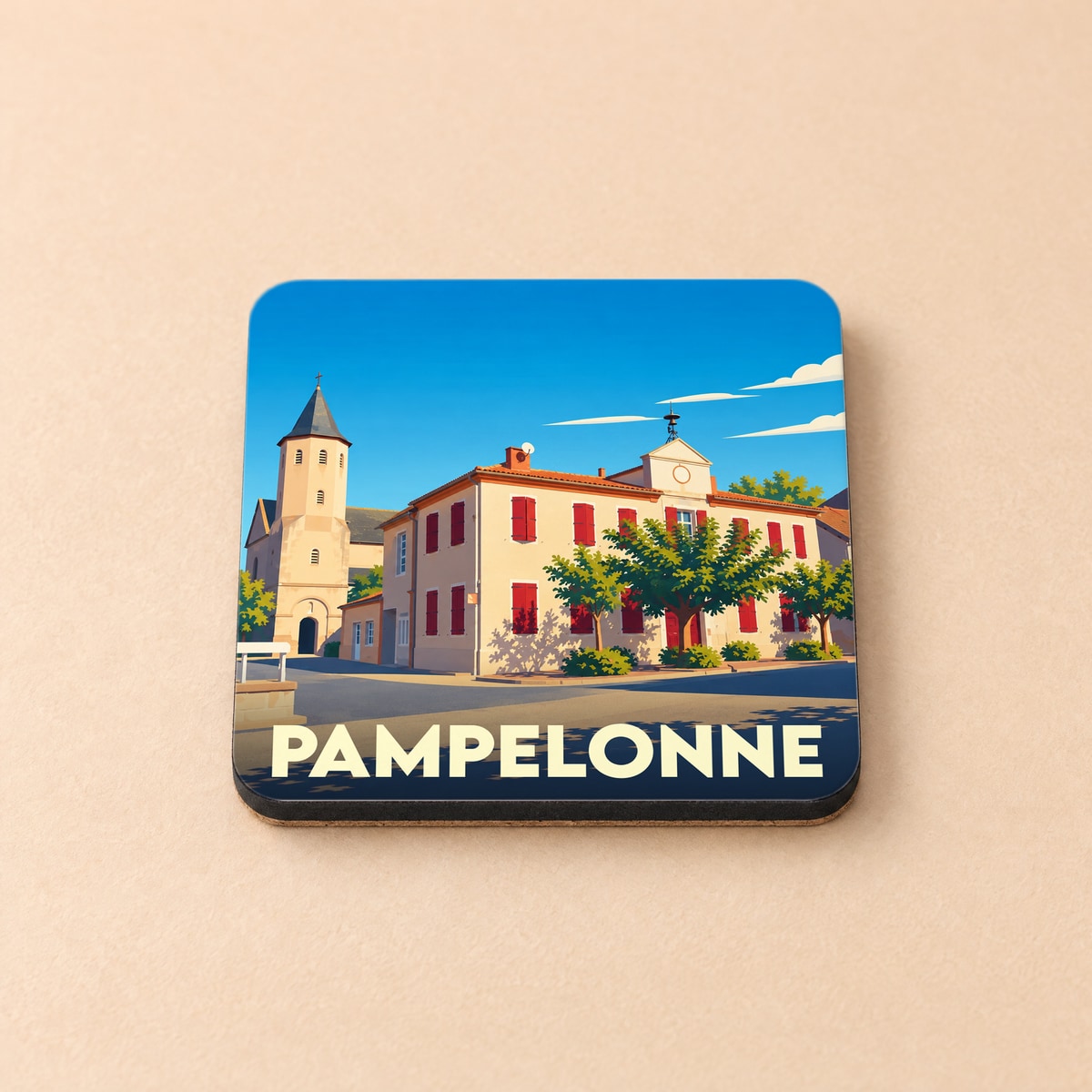Dessous de verre souvenir de la ville de Pampelonne avec une illustration stylisée.