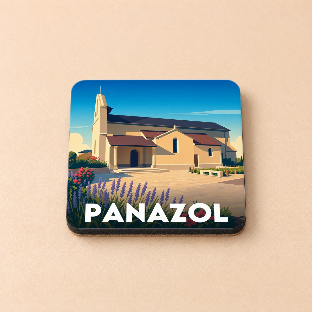 Dessous de verre souvenir de la ville de Panazol avec une illustration stylisée de son église.