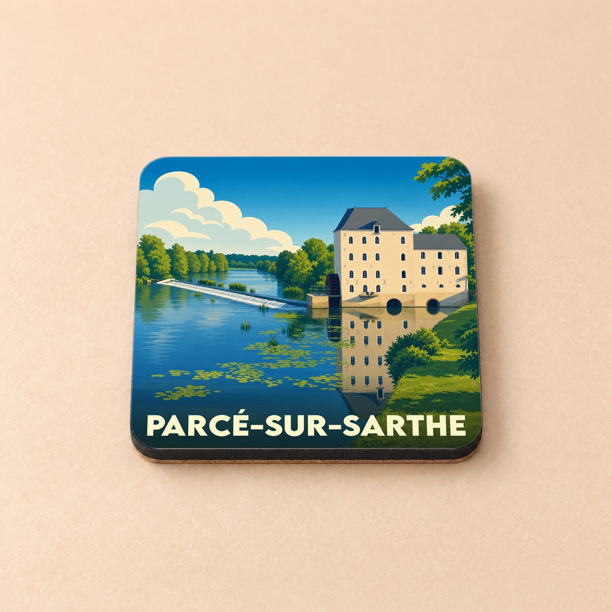 Dessous de verre souvenir de la ville de Parcé-sur-Sarthe avec une illustration stylisée de son moulin au bord de l'eau.