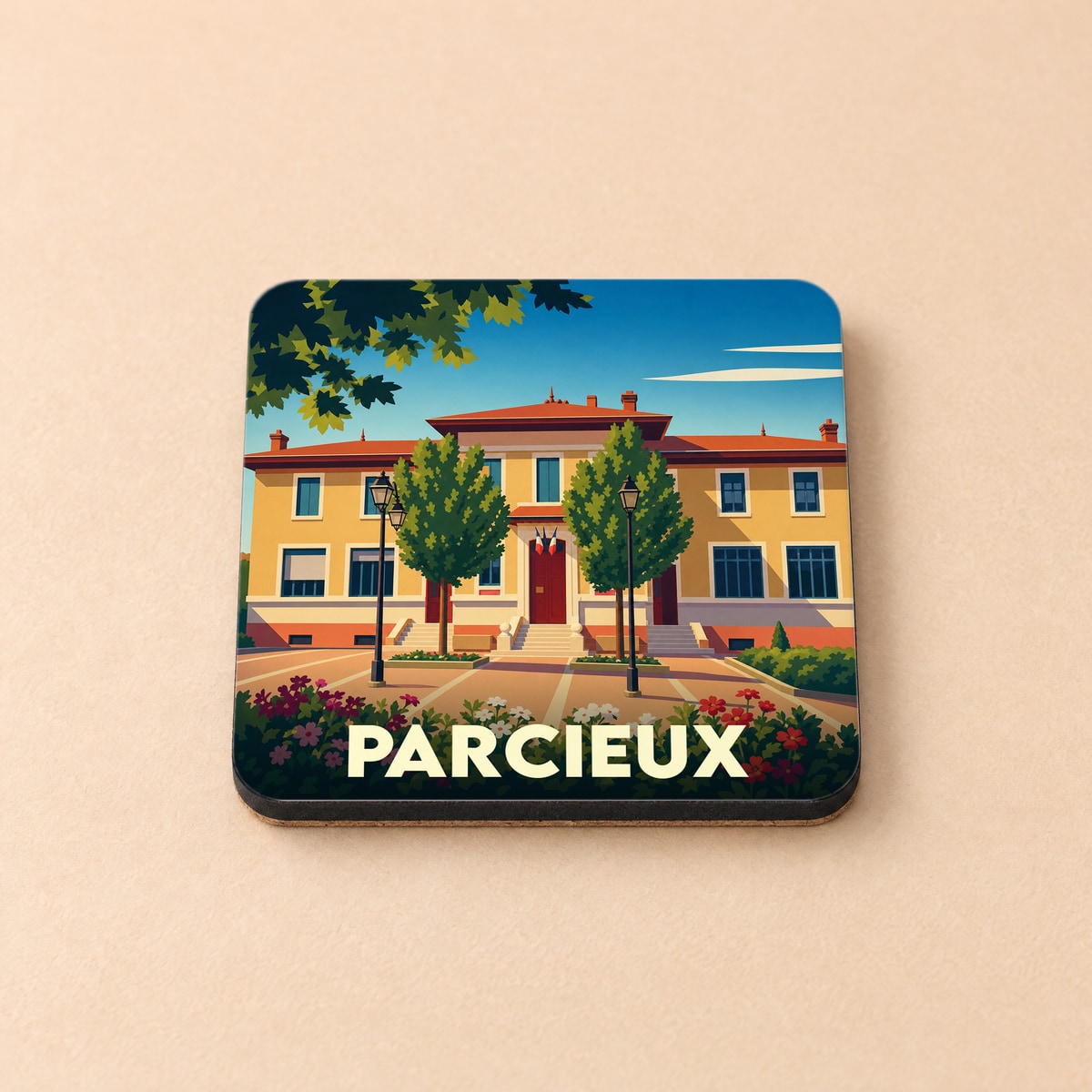 Dessous de verre souvenir de la ville de Parcieux avec une illustration stylisée de sa mairie.