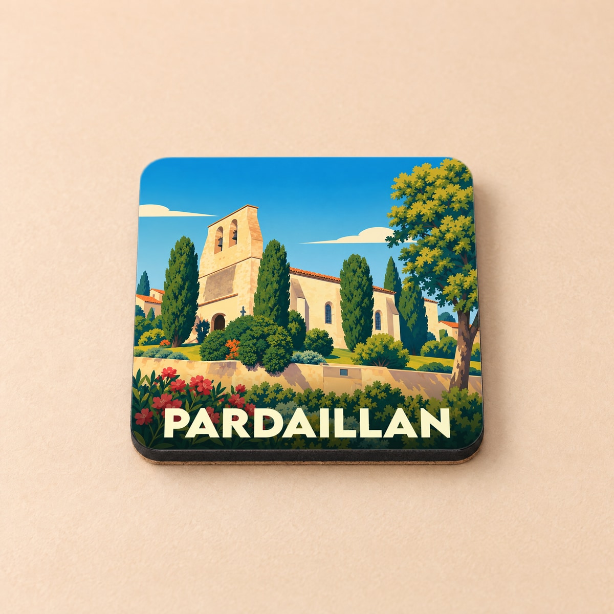 Dessous de verre souvenir de la ville de Pardaillan avec une illustration stylisée d'une église sous un ciel bleu.