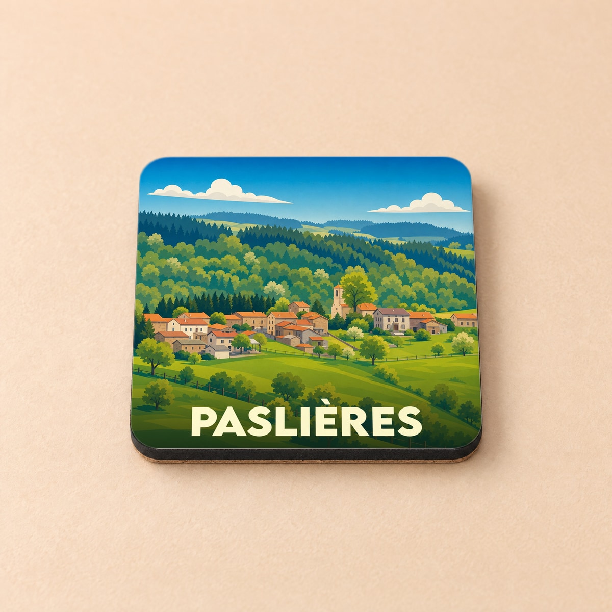Dessous de verre souvenir de la ville de Paslières avec une illustration stylisée de son paysage vallonné.