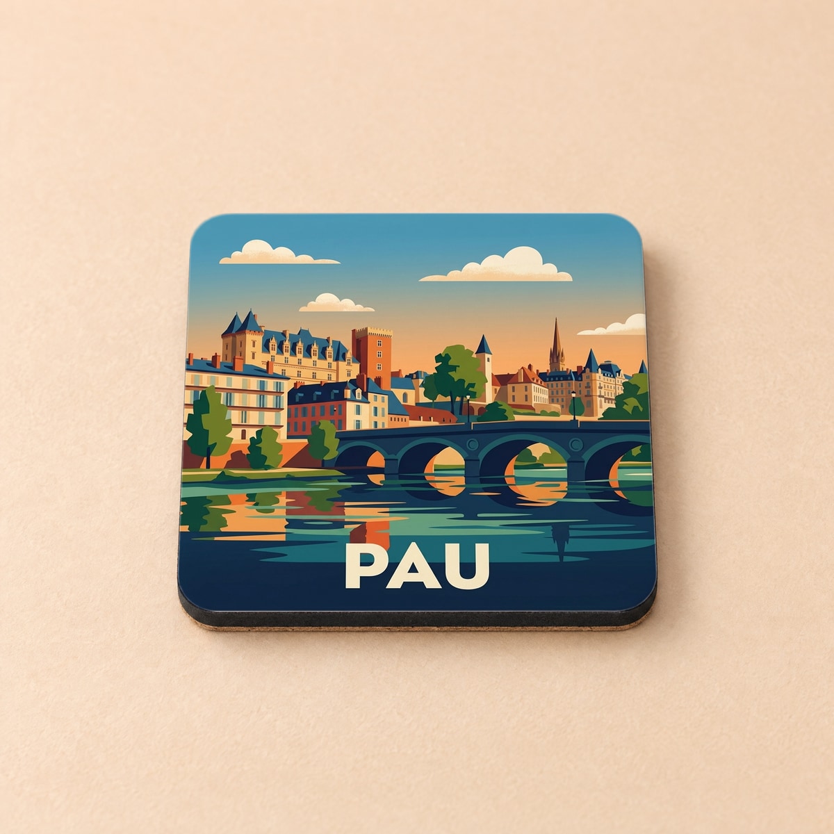 Dessous de verre souvenir de la ville de Pau avec une illustration stylisée.