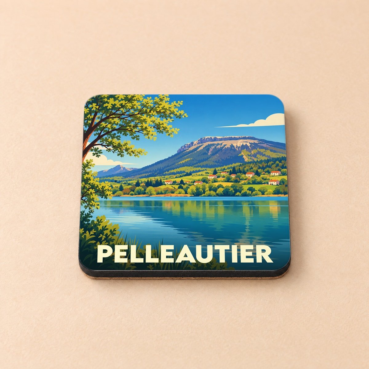 Dessous de verre souvenir de la ville de Pelleautier avec une illustration stylisée d'un lac de montagne.