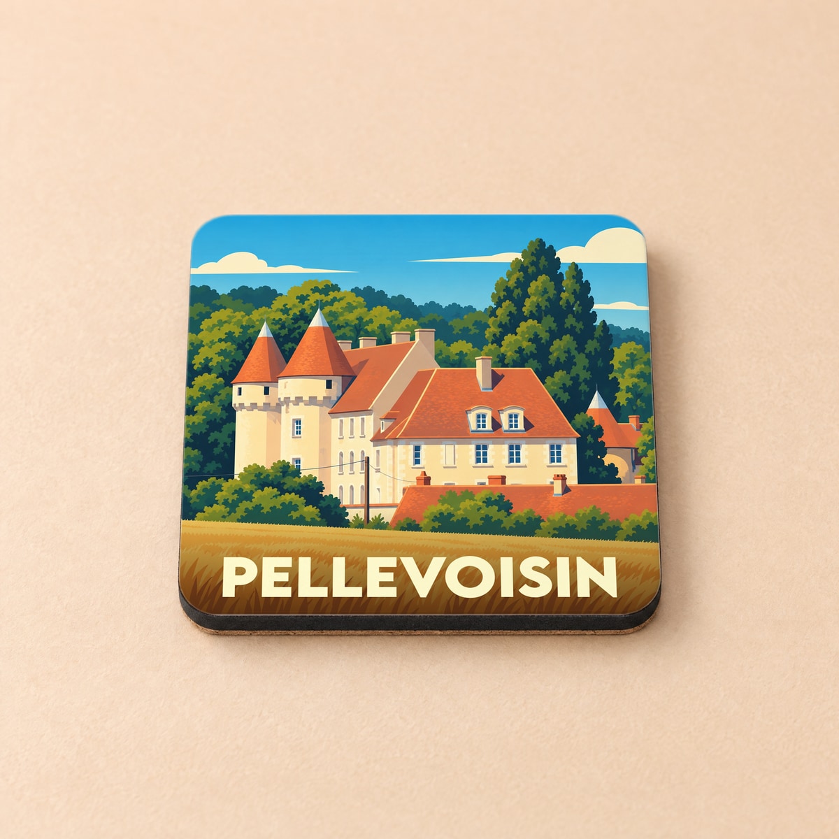Dessous de verre souvenir de la ville de Pellevoisin avec une illustration stylisée de son château.