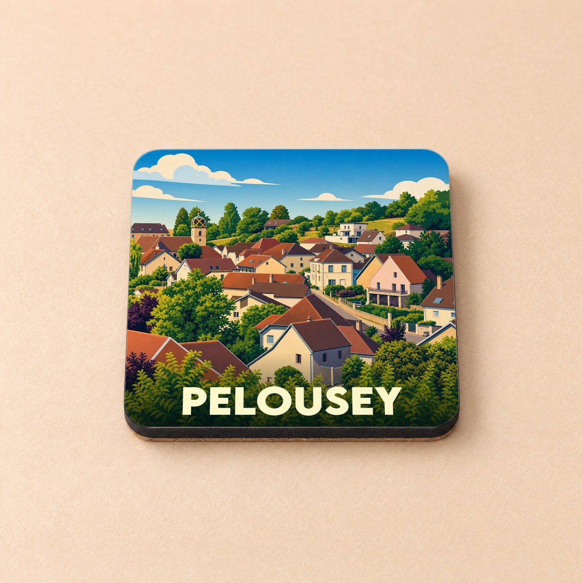 Dessous de verre souvenir de la ville de Pelousey avec une illustration stylisée.