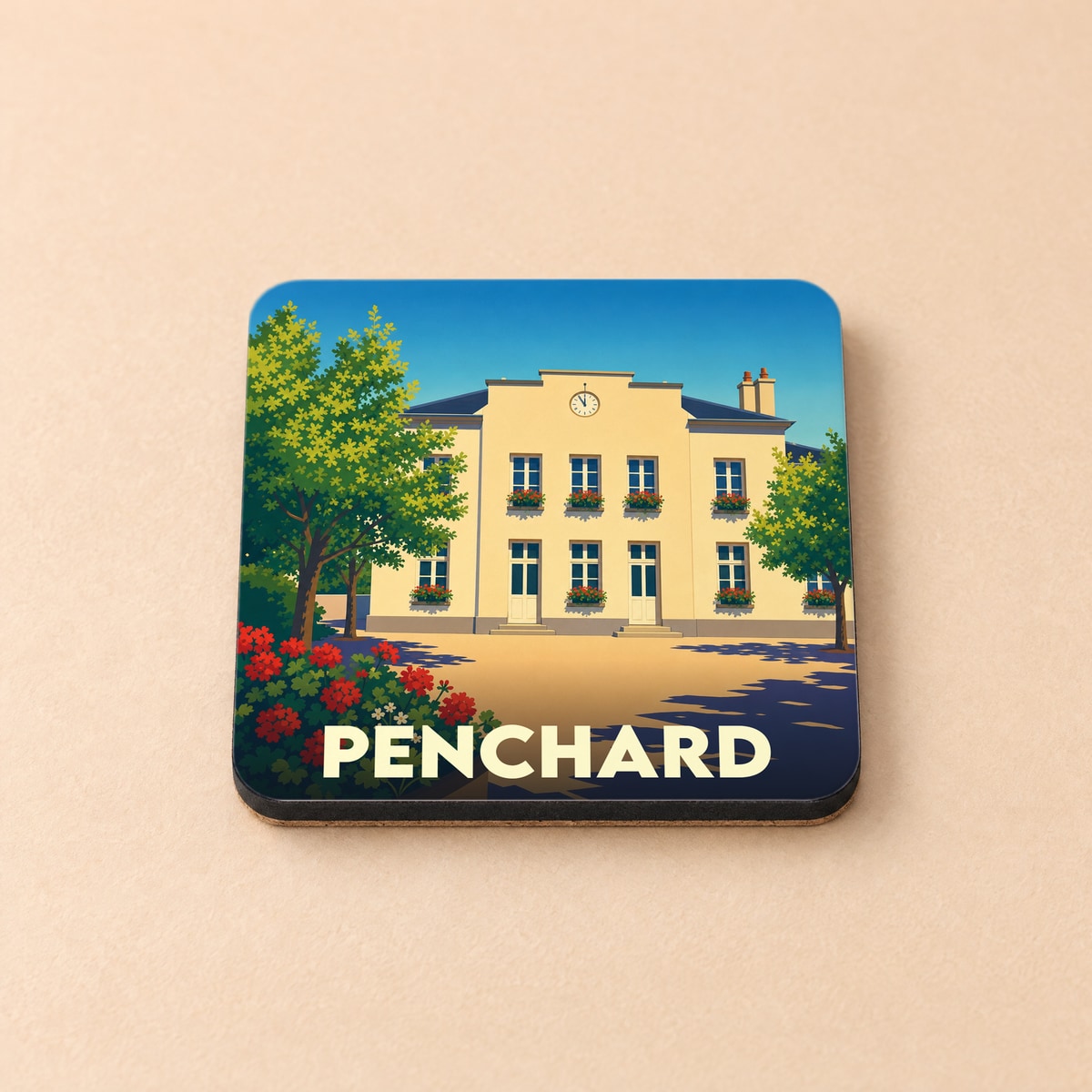 Dessous de verre souvenir de la ville de Penchard avec une illustration stylisée de sa mairie.