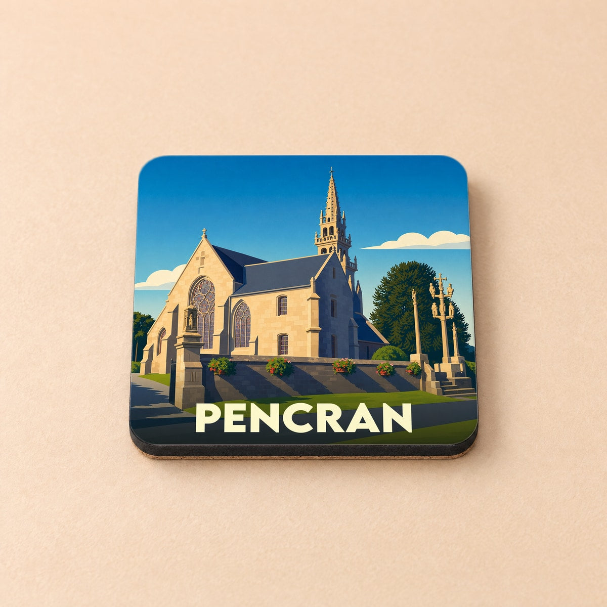 Dessous de verre souvenir de la ville de Pencran avec une illustration stylisée de son église.