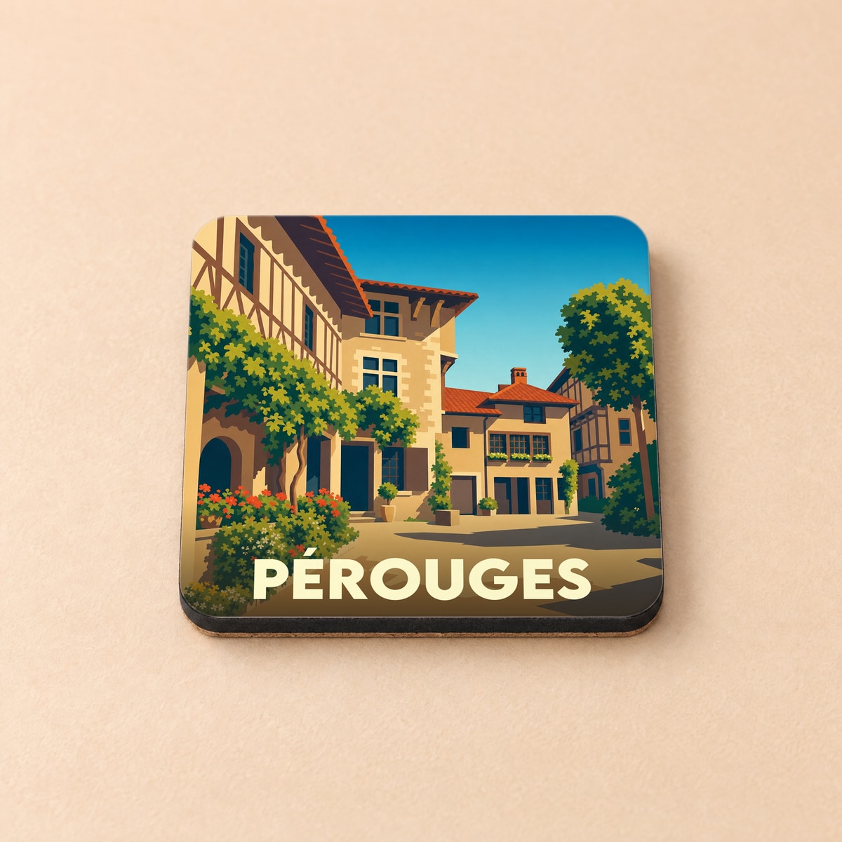 Dessous de verre souvenir de la ville de Pérouges avec une illustration stylisée d'une ruelle médiévale fleurie.