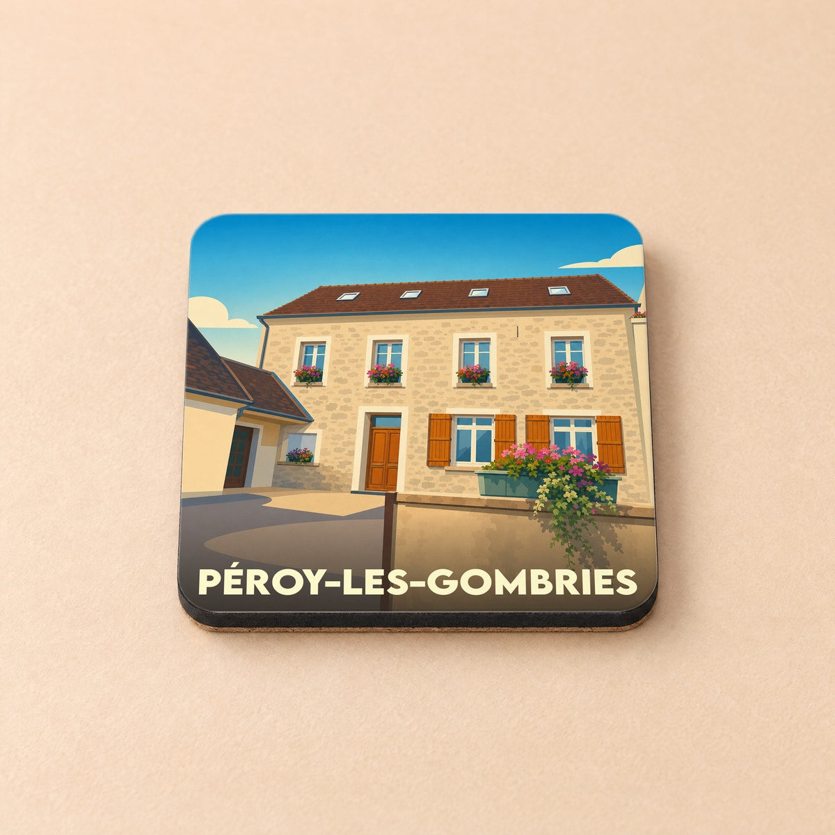 Dessous de verre souvenir de la ville de Péroy-les-Gombries avec une illustration stylisée d'une maison traditionnelle.