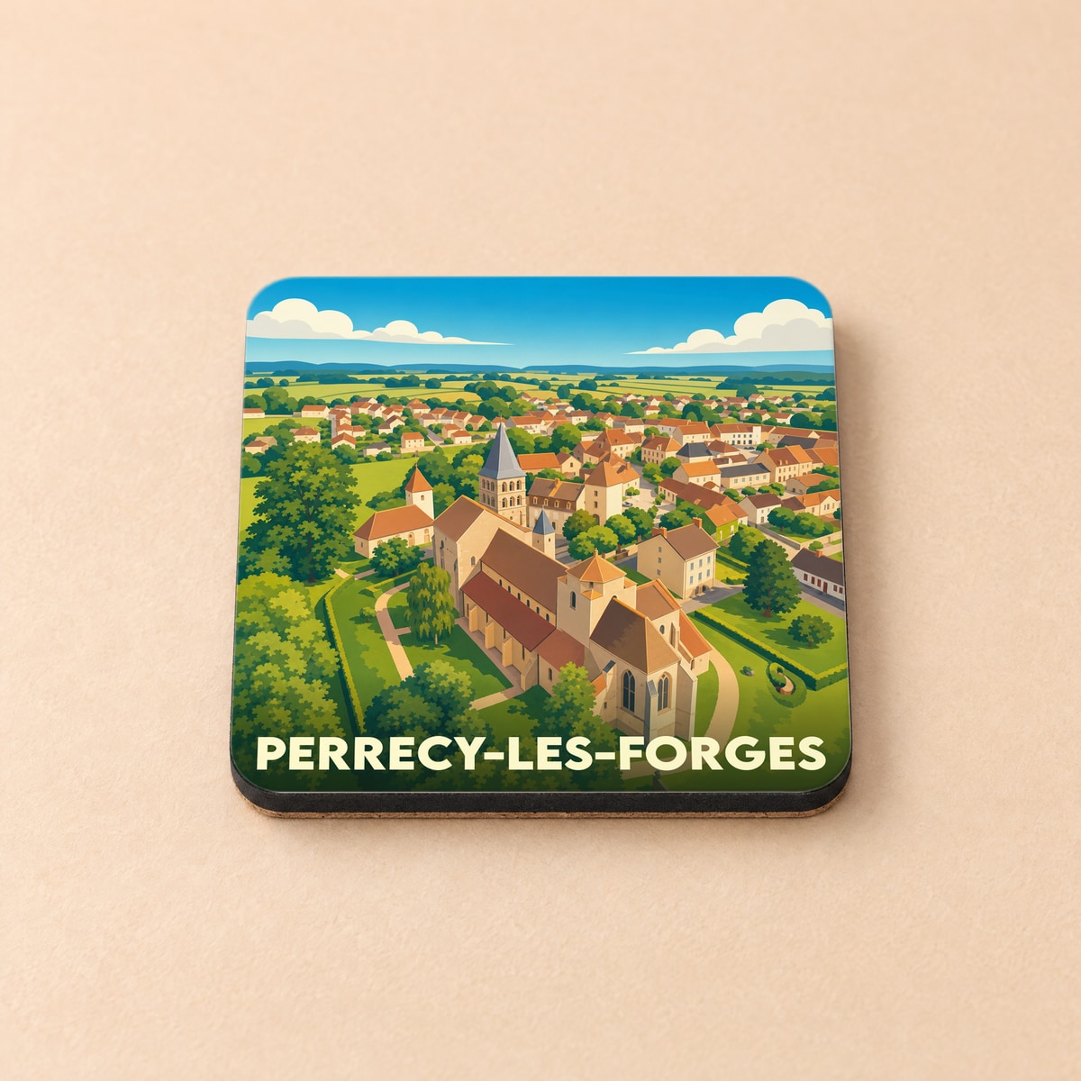 Dessous de verre souvenir de la ville de Perrecy-les-Forges avec une illustration stylisée.