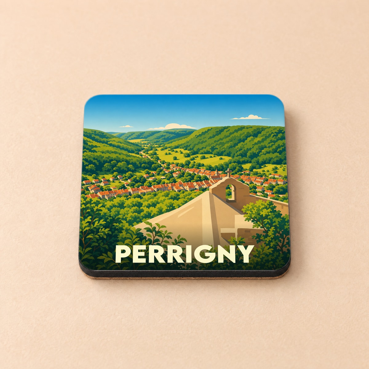 Dessous de verre souvenir de la ville de Perrigny avec une illustration stylisée d'un paysage vallonné.