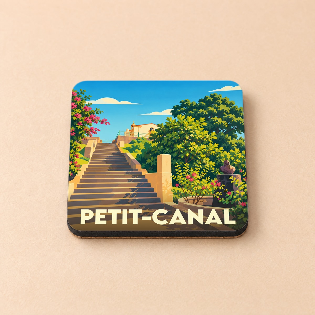 Dessous de verre souvenir de la ville de Petit-Canal avec une illustration stylisée de ses célèbres marches.