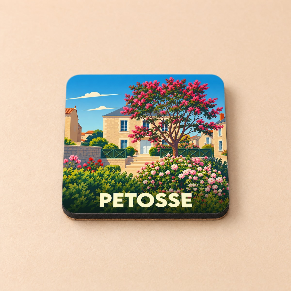 Dessous de verre souvenir de la ville de Petosse avec une illustration stylisée et fleurie.