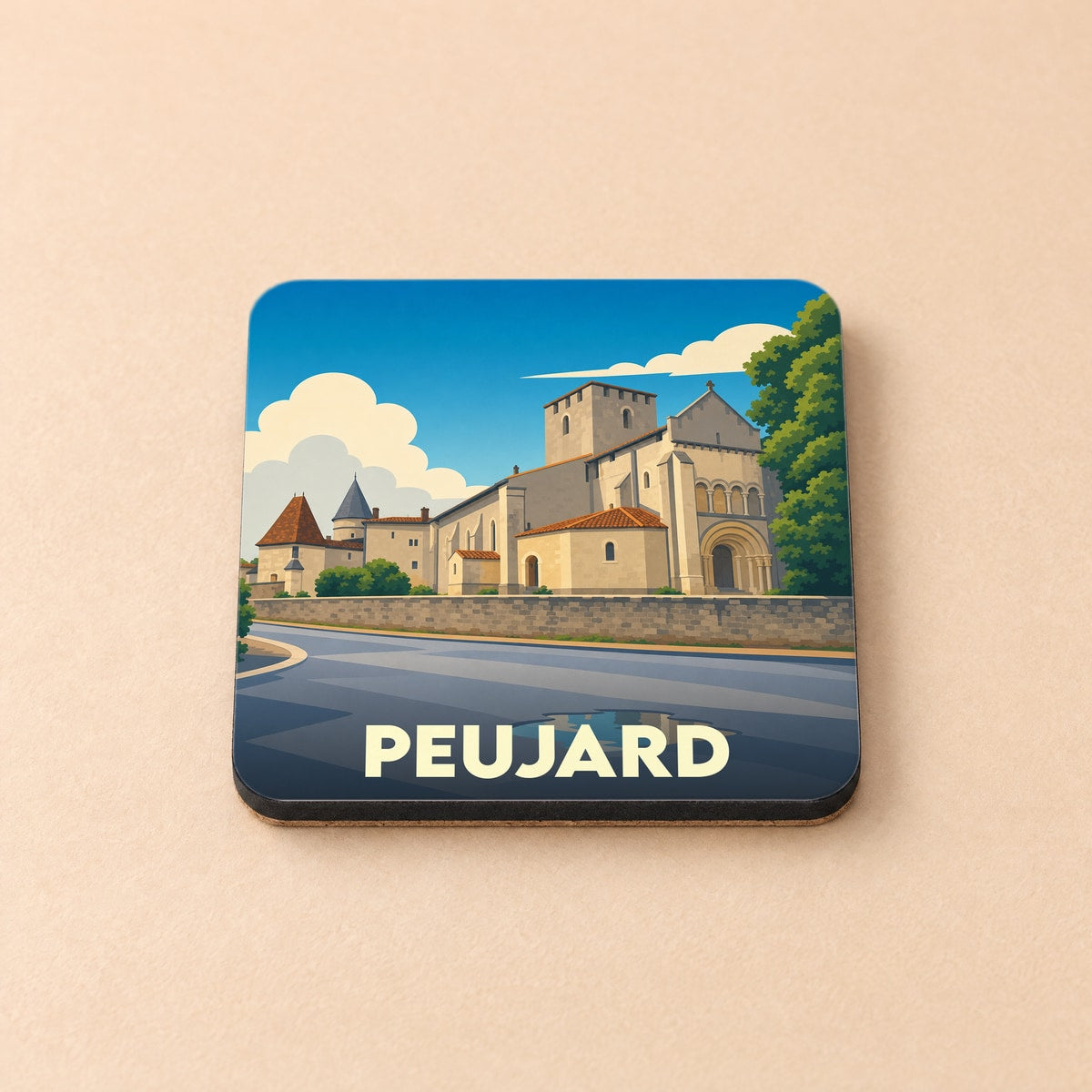 Dessous de verre souvenir de la ville de Peujard avec une illustration stylisée de son église.