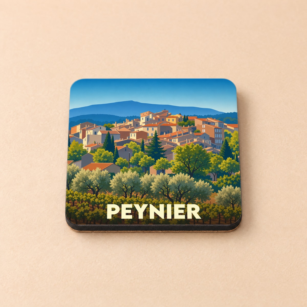 Dessous de verre souvenir de la ville de Peynier avec une illustration stylisée.