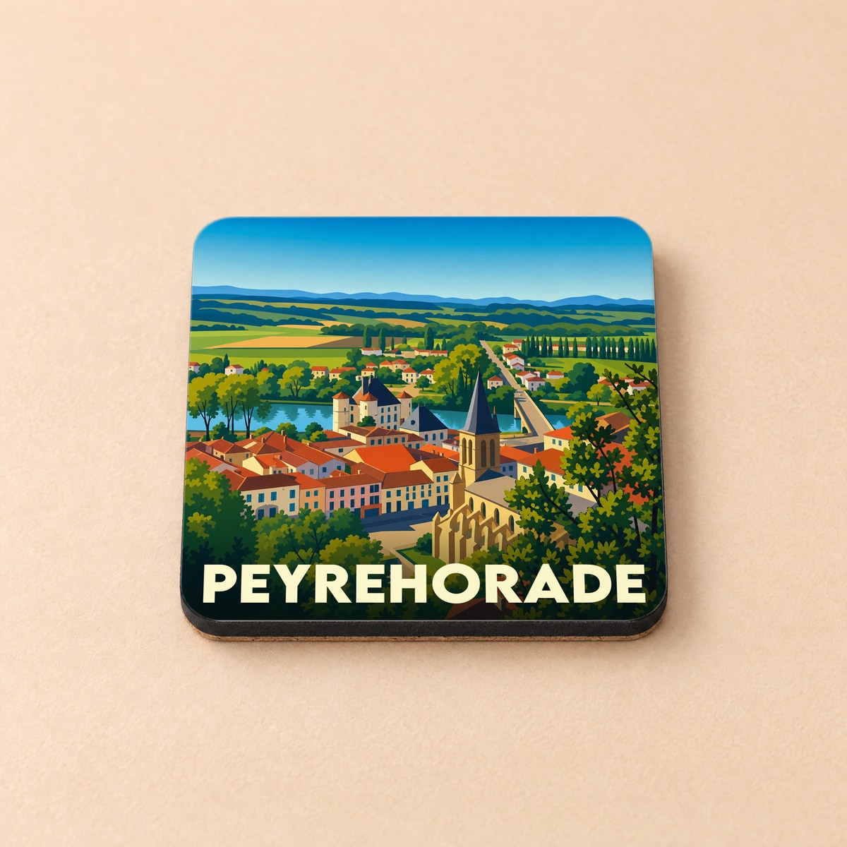 Dessous de verre souvenir de la ville de Peyrehorade avec une illustration stylisée.