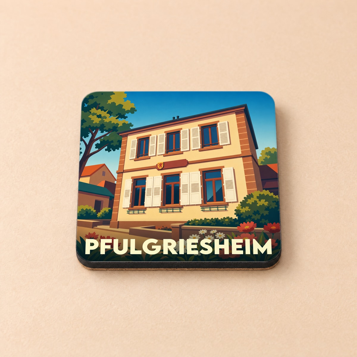 Dessous de verre souvenir de la ville de Pfulgriesheim avec une illustration stylisée d'un bâtiment traditionnel.