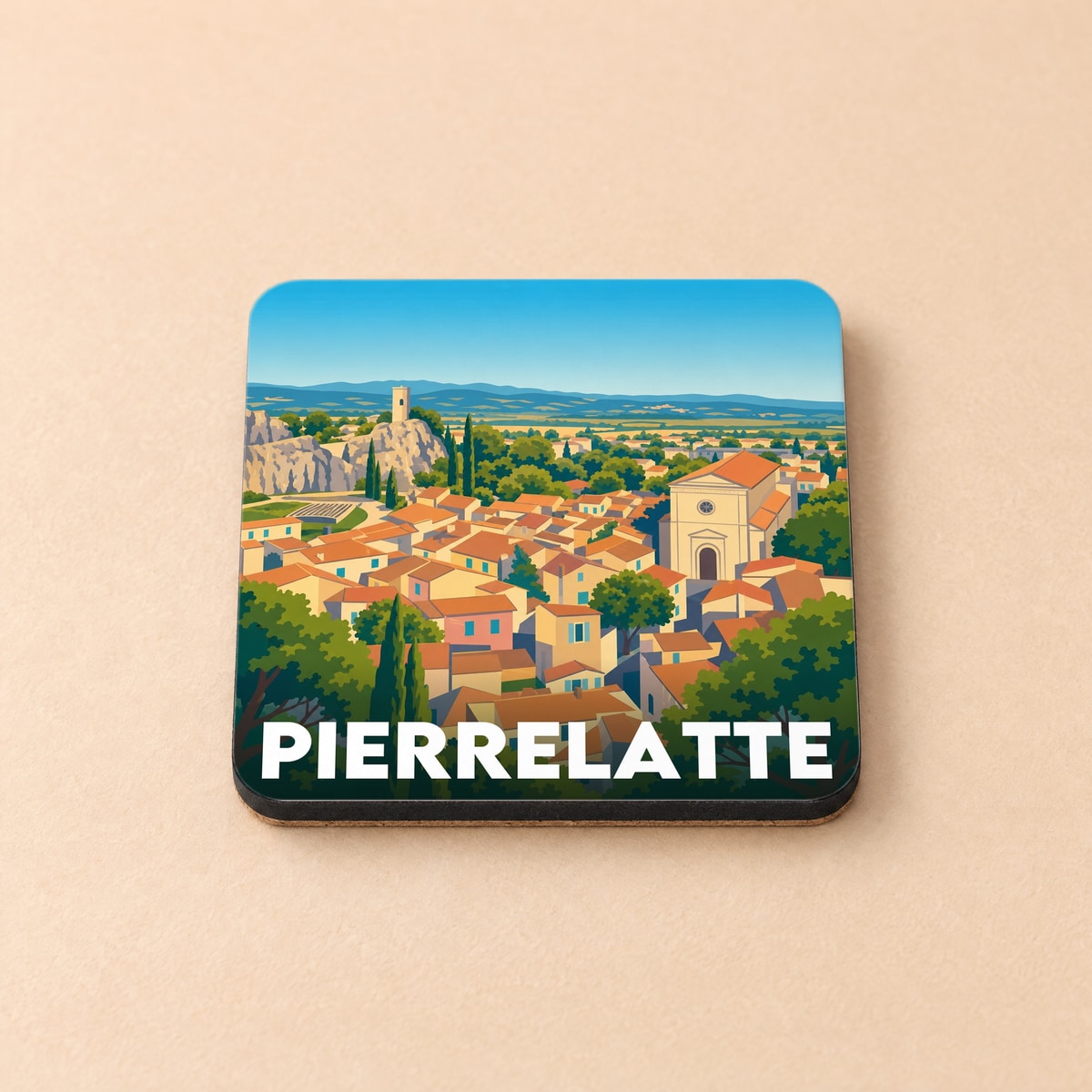 Dessous de verre souvenir de la ville de Pierrelatte avec une illustration stylisée.