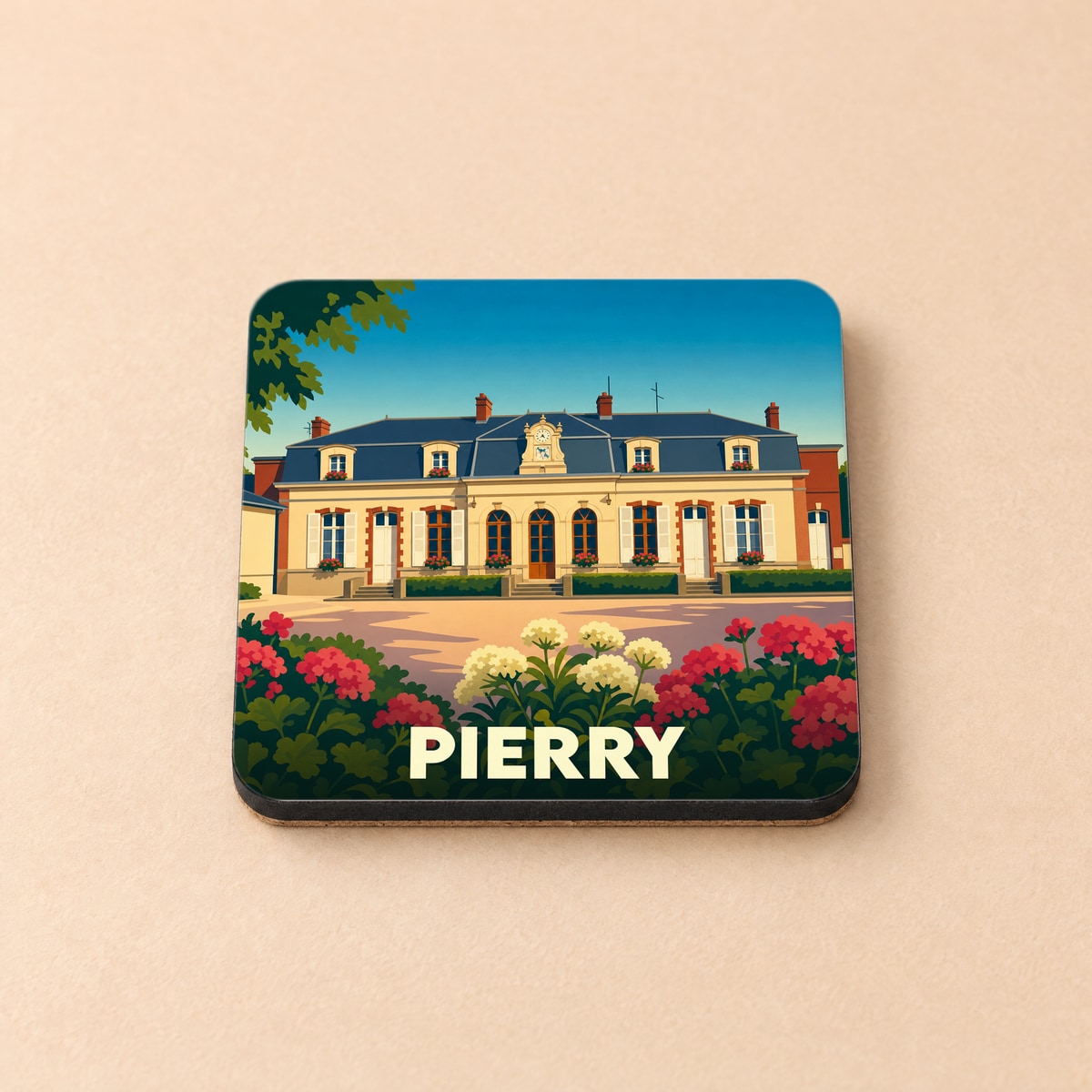 Dessous de verre souvenir de la ville de Pierry avec une illustration stylisée d'une demeure bourgeoise fleurie.