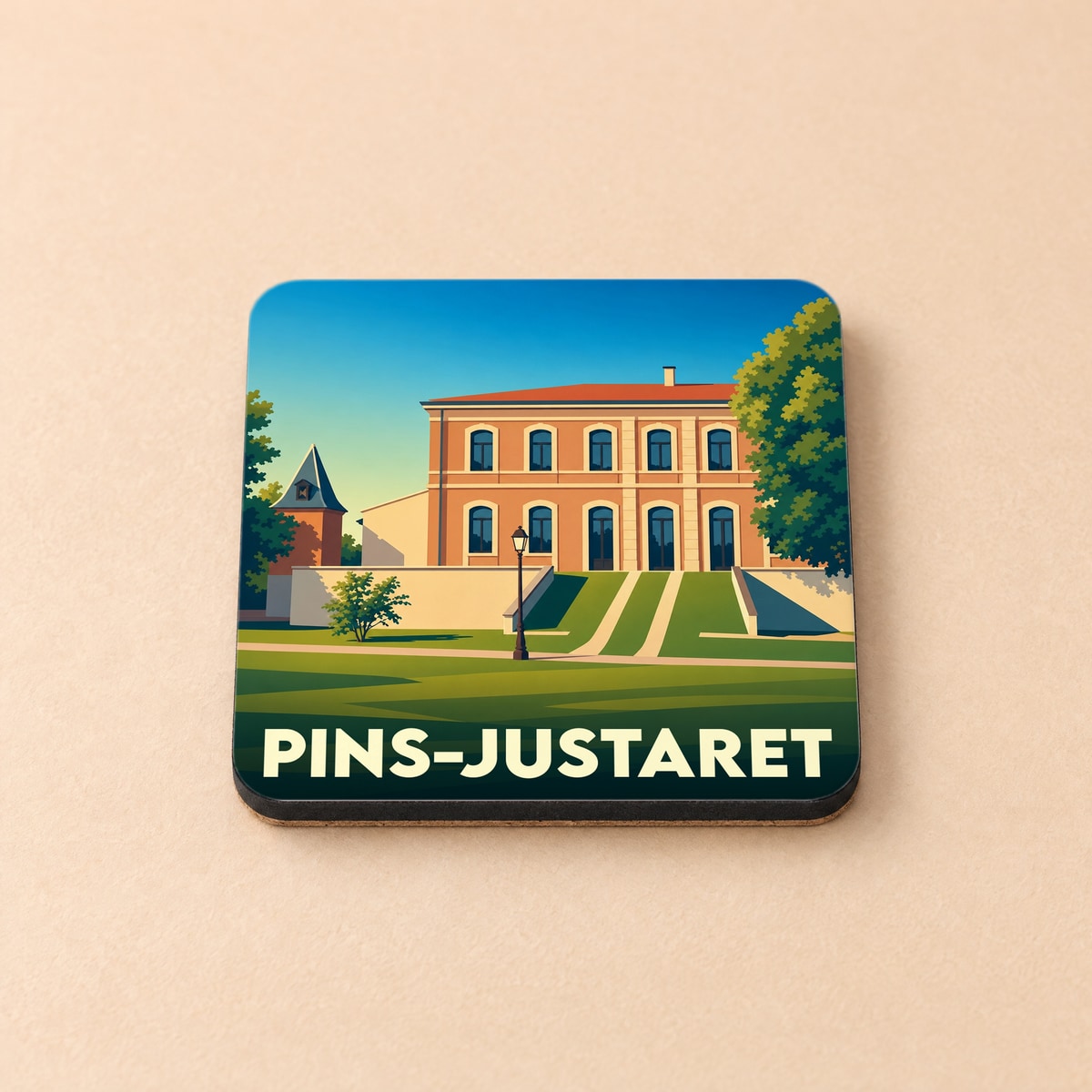 Dessous de verre souvenir de la ville de Pins-Justaret avec une illustration stylisée d'un bâtiment historique.