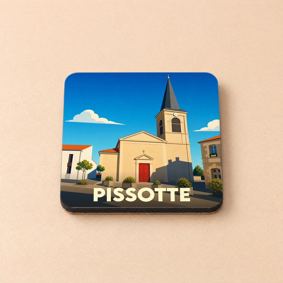 Dessous de verre souvenir de la ville de Pissotte avec une illustration stylisée de son église.