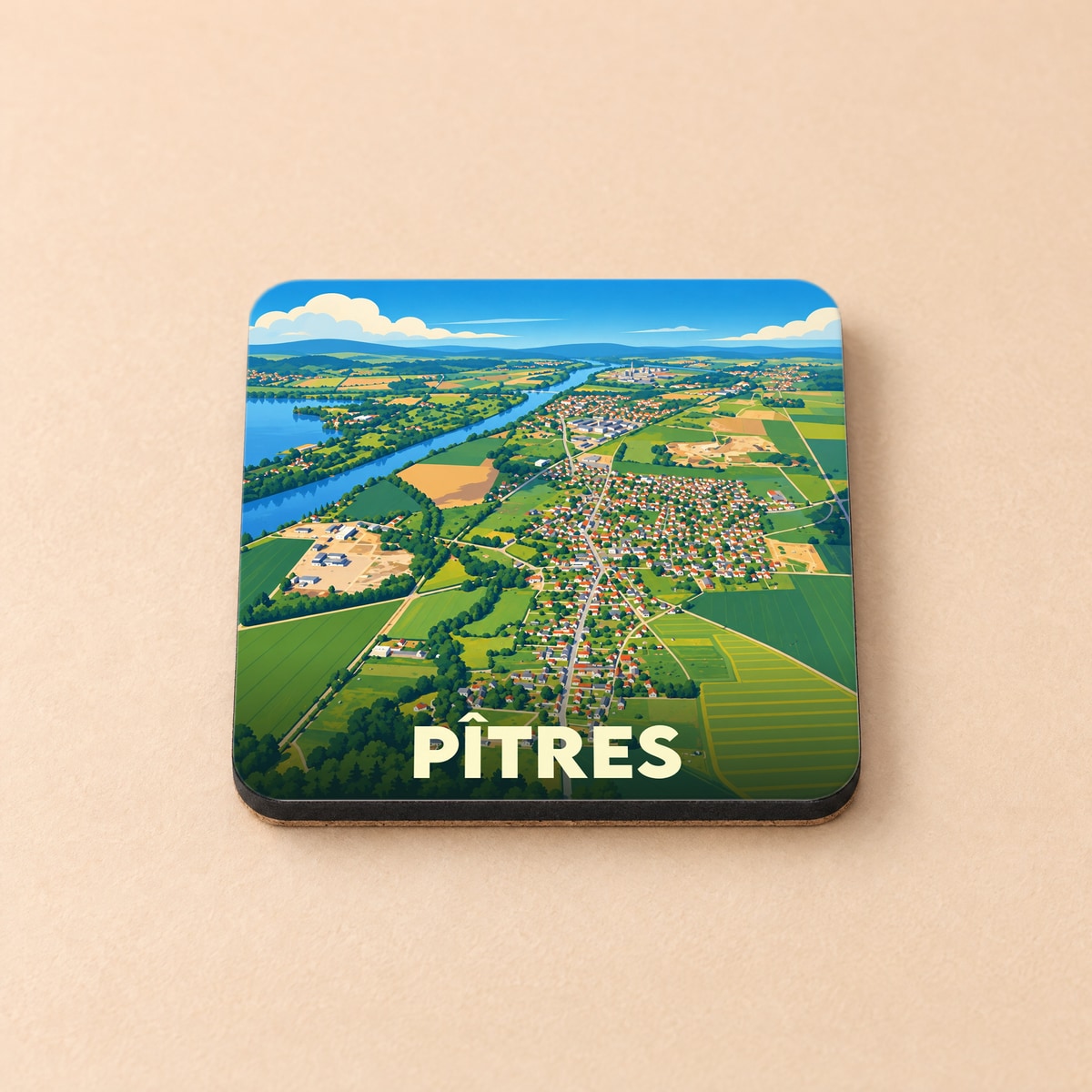 Dessous de verre souvenir de la ville de Pîtres avec une illustration stylisée vue du ciel.