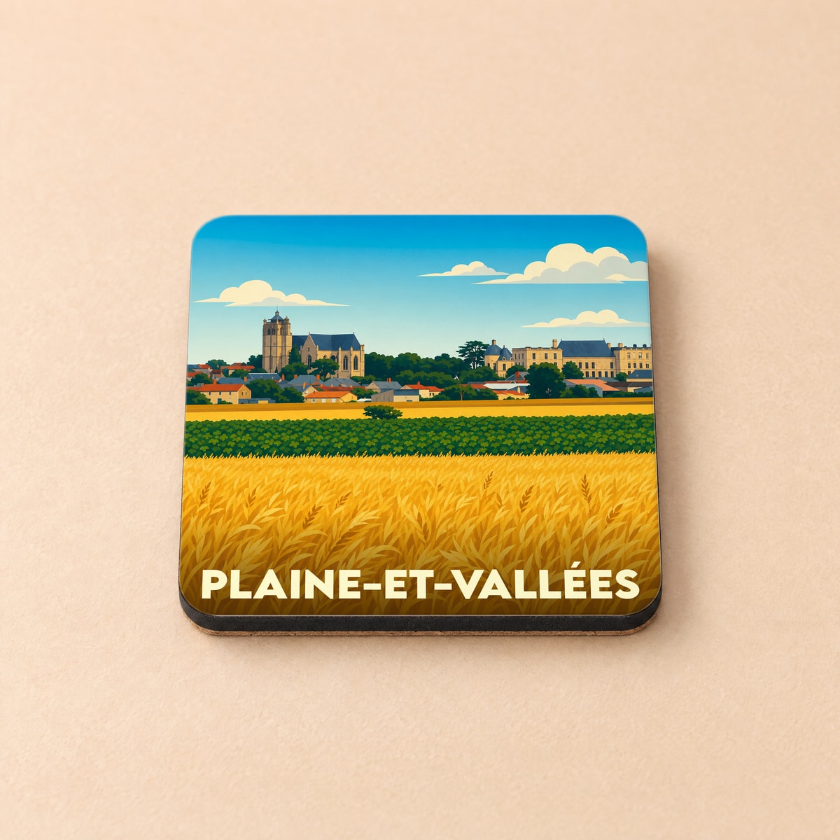 Dessous de verre souvenir de la ville de Plaine-et-Vallées avec une illustration stylisée de son paysage et de ses monuments.