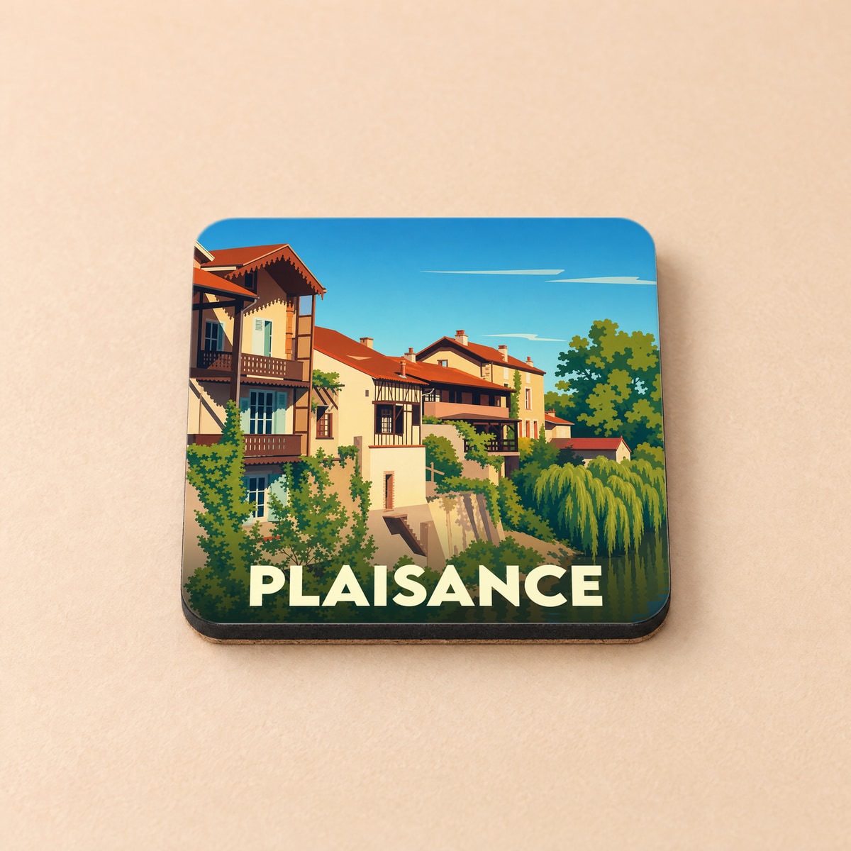 Dessous de verre souvenir de la ville de Plaisance avec une illustration stylisée de maisons au bord de l'eau.
