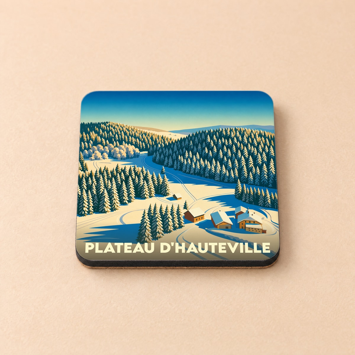 Dessous de verre souvenir de Plateau d'Hauteville avec une illustration stylisée d'un paysage de montagne enneigé.