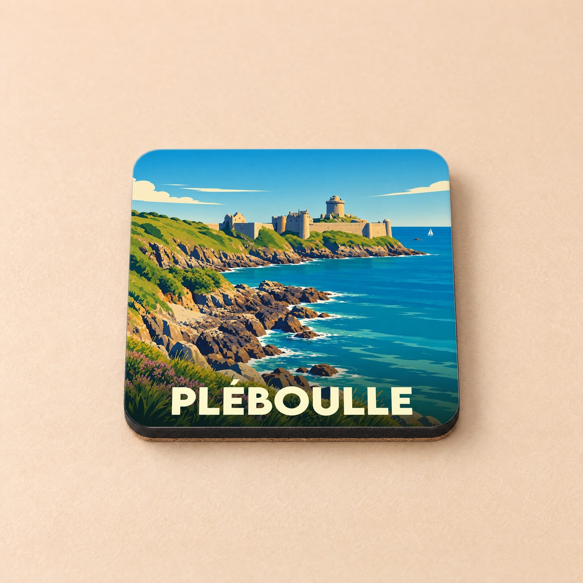 Dessous de verre souvenir de la ville de Pléboulle avec une illustration stylisée du littoral et de son fort.
