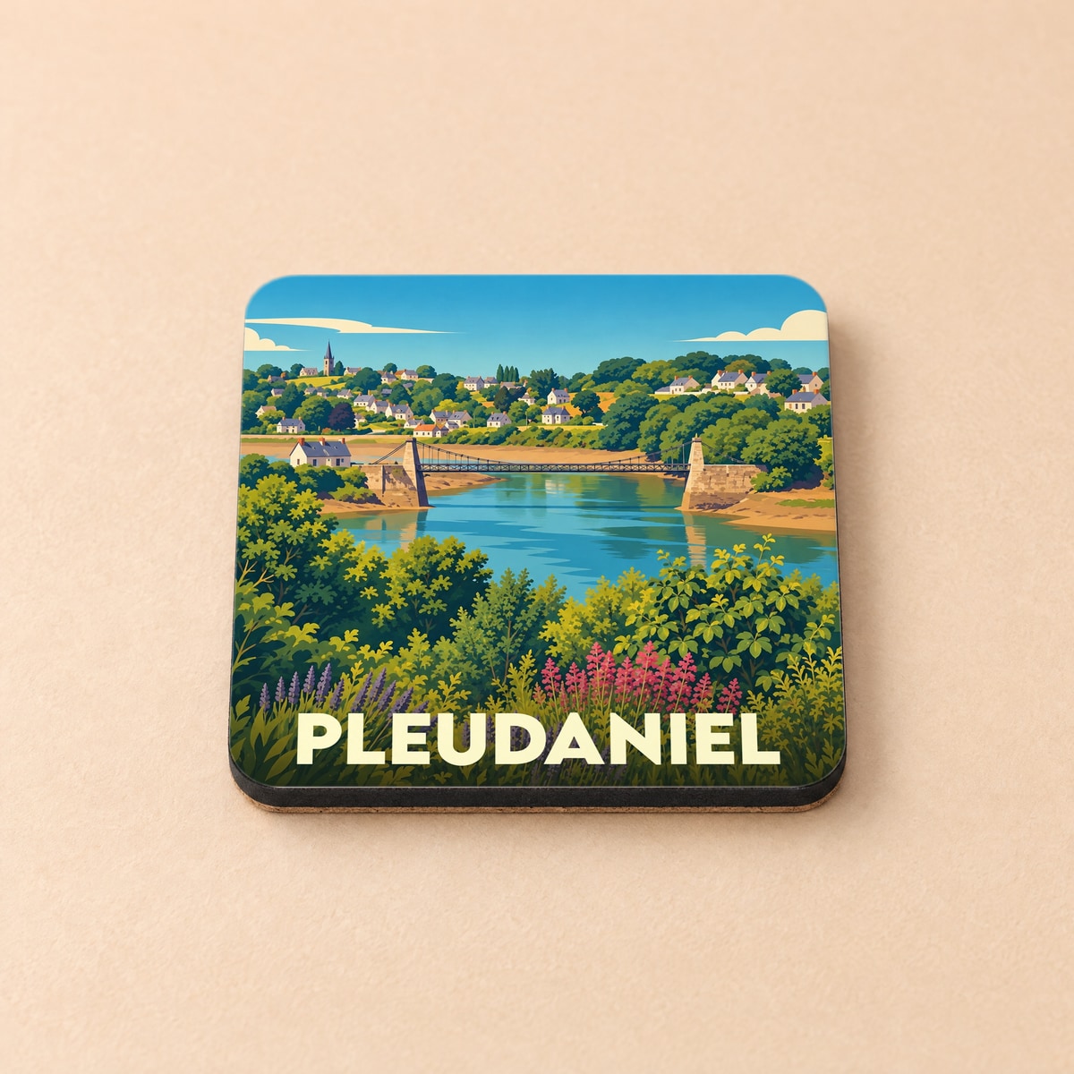 Dessous de verre souvenir de la ville de Pleudaniel avec une illustration stylisée d'un pont et d'un paysage fluvial.